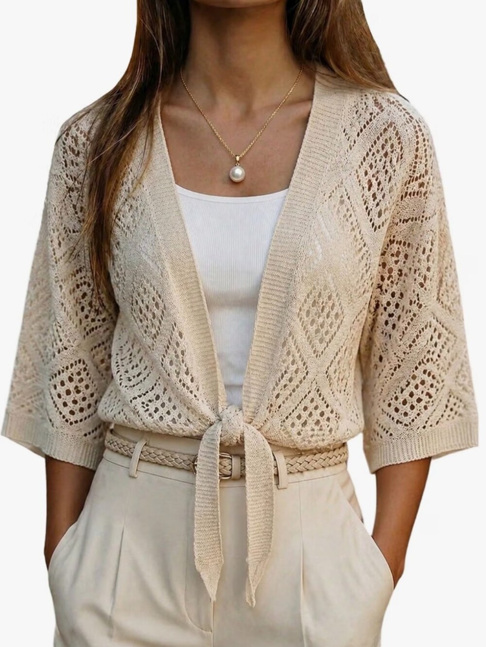 Knit Tie-Front Openwork Sweater Cardigan - Cream